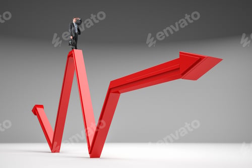 Preview: Businessman Standing On Abstract Red Arrow And Looking Into The Distance On Gray Background