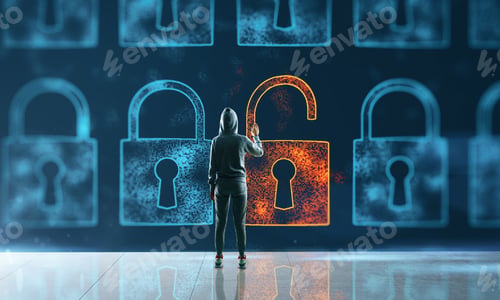 Preview: Hacker Drawing Digital Padlock Background With Red Lock. Password And Security Concept