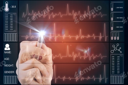 Preview: Hand Using Creative Glowing Heartbeat Hologram On Red Background. Medicine And Cardiology Concept
