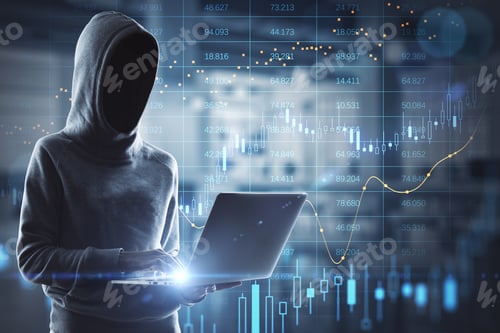 Preview: Hacker In Hoodie Using Laptop With Abstract Glowing Big Data Forex Candlestick Chart On Blurry