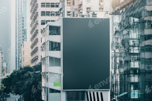 Preview: Clean Black Billboard On Building. Advertisement, Ad And Commercial Concept. Mock Up