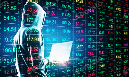 Preview: Hacker Using Laptop With Abstract Forex Chart. Investment And Information Concept. Double Exposure