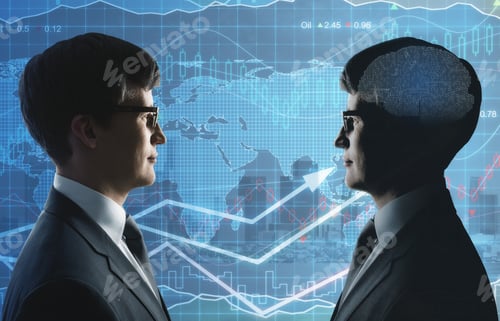 Preview: Side View Of Businessmen With Tech Brain On Abstract Forex City Background. Teamwork, Artificial