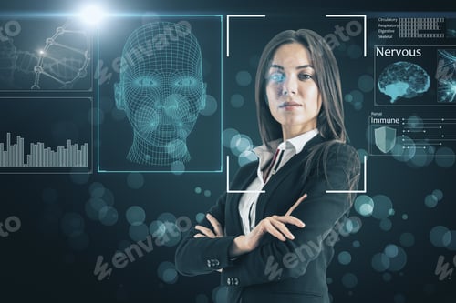 Preview: Portrait Of Attractive Young European Businesswoman With Abstract Face Interface On Blurry