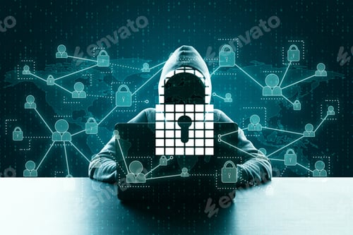 Preview: Hacker Using Laptop With Abstract Padlock Network Hologram On Blue Binary Code Background