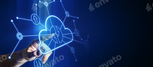 Preview: Data Exchange And Cloud Service Concept With Man Finger On Digital Touch Screen With Glowing