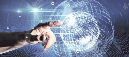 Preview: Hand Pointing At Creative Glowing Polygonal Globe Interface On Blue Background. Network And Digital