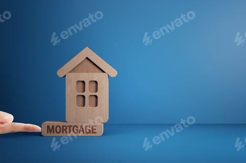 Preview: Finger Pushing Abstract Wooden House On Blue Mortgage Background With Mock Up Place. Loan, Bank And
