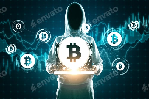 Preview: Hacker Holding Laptop With Abstract Bitcoin Sign Icons And Forex Chart. Trade And Finance Concept