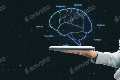 Preview: Smart Brain Concept With Brain Parts Scheme And Human Hand With Digital Tablet At Dark Abstract