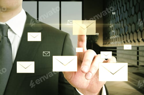 Preview: Close Up Of Man Hand Pointing At Creative Glowing Letters Interface On Blurry Office Interior
