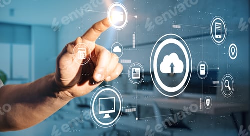 Preview: Cloud Technology Concept With Man Finger Pushes Touch Screen With Internet Network Icons. Double