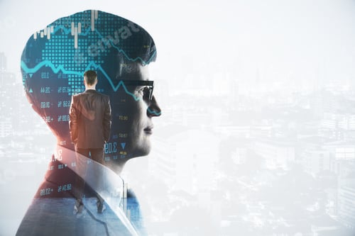 Preview: Pensive Young Businessman Standing On Abstract White City Background With Forex Chart And Mockup