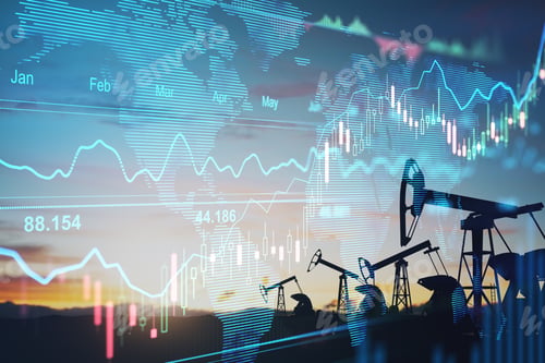 Preview: Rise In Gasoline Prices Concept With Double Exposure Of Digital Screen With Financial Chart Graphs