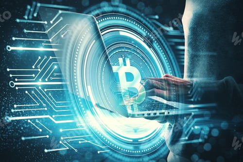 Preview: Hacker Using Laptop With Bitcoin Circuit On Blurry Blue Background. E-Commerce And Malware Concept