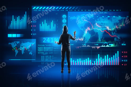 Preview: Back View Of Hacker In Hoodie Using Glowing Forex Chart Trading Interface On Blurry Background
