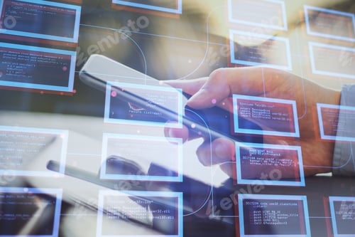 Vista previa: Close Up Of Businessman Hands Using Smartphone With Abstract Creative Coding Programming At Desktop