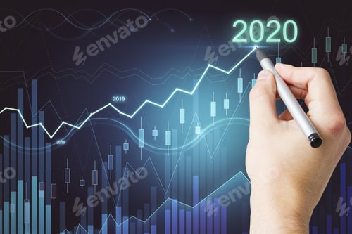 Preview: Hand Drawing Glowing Graph Of Success In 2020 Year On Screen. Trade And Analysis Concept