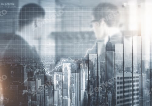 Preview: Businessmen Discussing Contract Terms And Conditions On Abstract Forex City Background. Teamwork