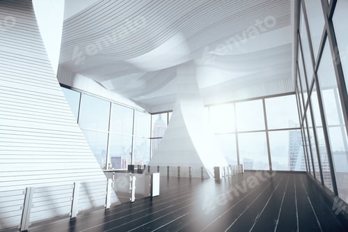 Preview: Empty Futuristic Hall Interior With Wooden Floor And Big Windows With City View, 3D Render
