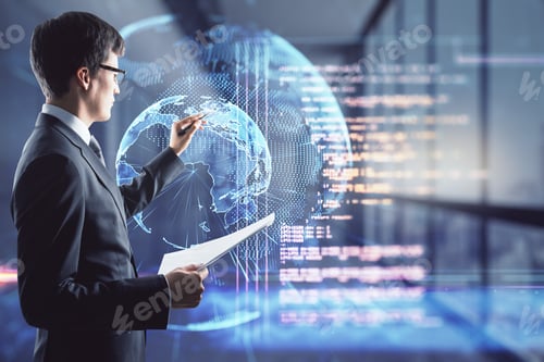 Preview: Global Big Data Concept. Portrait Of Attractive Young European Businessman With Document And