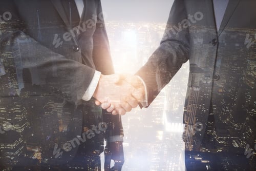 Preview: Young Businessmen Shaking Hands On Abstract City Background. Teamwork And Success Concept. Double
