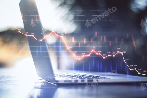 Preview: Laptop With Recession Stock Chart With Index. Trade And Finance Depression Concept. Double Exposure.
