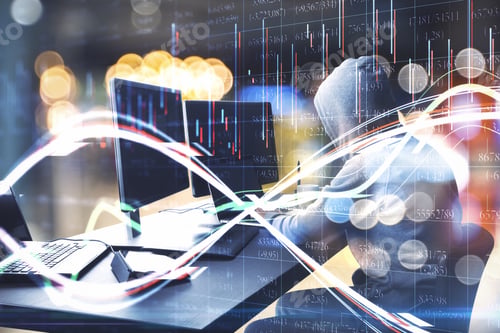 Preview: Hacker Using Computer With Digital Finance And Data Protection Interface. Protection Concept