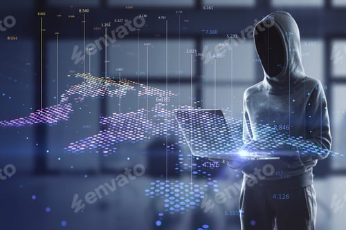 Preview: Hacker In Hoodie Using Laptop With Abstract Digital Map And Index Lines On Blurry Interior