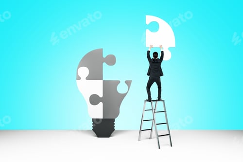 Preview: Businessman On Ladder Assembling Abstract Light Bulb Puzzle On Blue Background. Success And