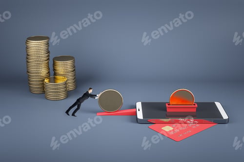 Preview: Abstract Image Of Businessman Pushing Golden Coins Into Smartphone On White Background With Bank
