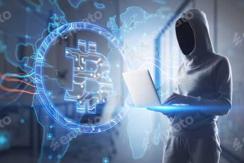 Preview: Hacker Using Laptop With Creative Glowing Global Bitcoin Hologram On Blurry Office Interior