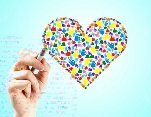 Preview: Sketch Of Creative Hand Gesture Heart On Blue Background. Community, Care, Donation, Communication