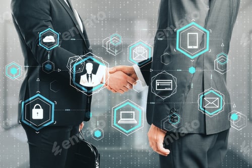 Preview: Side View Of Businessmen Shaking Hands In Blurry Office Interior With Digital Interface. Social