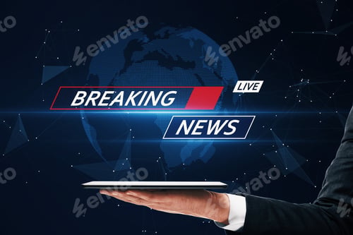 Preview: Close Up Of Businessman Hand Holding Tablet On Blurry Blue Breaking News Pattern Background