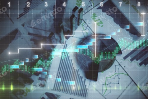 Preview: Abstract Blurry Financial Report Backdrop. Forex And Investment Concept. Double Exposure