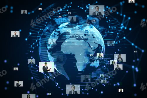 Preview: Abstract Glowing Globe Hologram With Photo Gallery On Blue Background. Technology, Global Media And