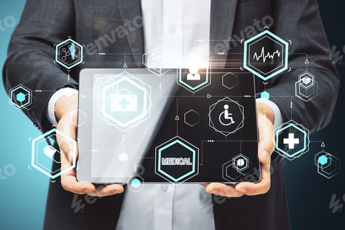 Preview: Businessman Holding Digital Tablet With Glowing Medical Interface Hud Hologram. Medicine And
