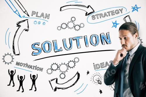 Preview: Solution, Finance And Marketing Concept. Businessman Drawing Creative Business Sketch On White