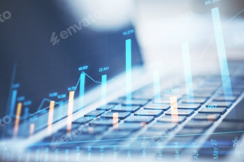 Preview: Close Up Of Laptop Computer With Global Forex Chart On Office Desktop. Trade And Finance Concept