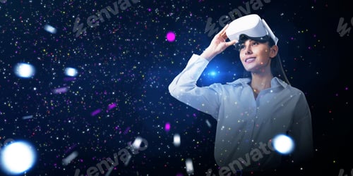 Preview: Abstract Double Exposure Image Of Smiling Young White European Woman With Vr Glasses On Starry Sky