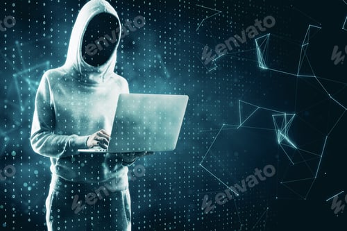 Preview: Hacker Using Laptop On Abstract Digital Interface Background. Hacking And Technology Concept