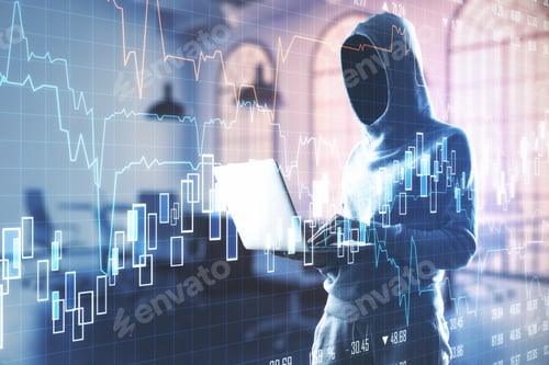 Preview: Hacker Using Laptop With Business Charts And Financial Analytics. Hacking And Cyber Attack Concept