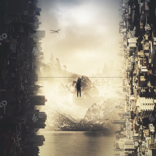 Preview: Back View Of Tiny Businessman Hanging On Rope On Abstract Sideways City Background. Business