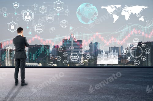 Preview: Attractive Young European Businessman Standing On Rooftop With Digital Business Interface. Finance