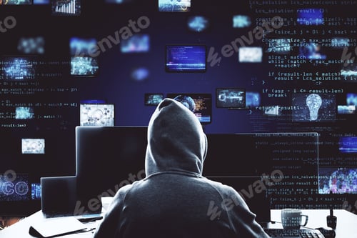 Preview: Hacker Using Creative Glowing Big Data Hud. Malware And Futuristic Concept. Double Exposure