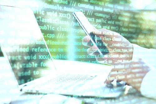 Preview: Hand Using Laptop And Abstract Coding Text Interface. Business And Programming Concept. Double