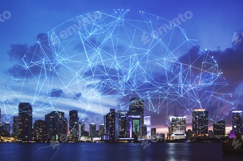 Preview: Abstract Night City Backdrop With Polygonal Sphere. Communication, Urbanization And Global Business