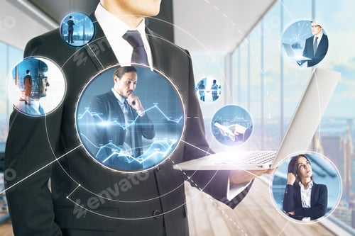 Preview: Close Up Of Businessman Hands Holding Laptop With Abstract Glowing Communication And Connections