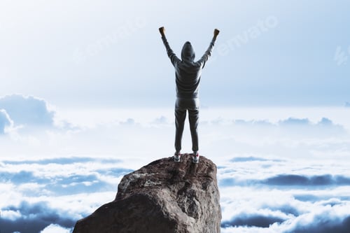 Preview: Back View Of Hacker Celebrating Success On Mountain Top. Sky Background. Leadership, Theft And
